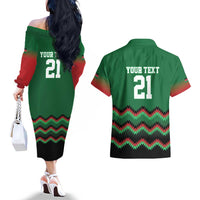 Kenya Cricket Custom Couples Matching Off The Shoulder Long Sleeve Dress and Hawaiian Shirt Green Lion Head with Kenyan Pattern - Wonder Print Shop