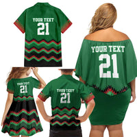 Kenya Cricket Custom Family Matching Off Shoulder Short Dress and Hawaiian Shirt Green Lion Head with Kenyan Pattern - Wonder Print Shop