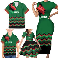 Kenya Cricket Custom Family Matching Short Sleeve Bodycon Dress and Hawaiian Shirt Green Lion Head with Kenyan Pattern - Wonder Print Shop
