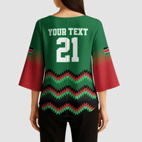 Kenya Cricket Custom Kimono Sleeve Blouse Green Lion Head with Kenyan Pattern - Wonder Print Shop