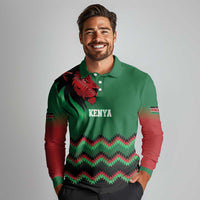 Kenya Cricket Custom Long Sleeve Polo Shirt Green Lion Head with Kenyan Pattern - Wonder Print Shop