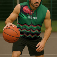 Kenya Cricket Custom Sleeveless Zip Hoodie Green Lion Head with Kenyan Pattern - Wonder Print Shop