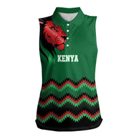Kenya Cricket Custom Women Sleeveless Polo Shirt Green Lion Head with Kenyan Pattern - Wonder Print Shop