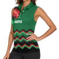 Kenya Cricket Custom Women Sleeveless Polo Shirt Green Lion Head with Kenyan Pattern - Wonder Print Shop
