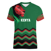 Kenya Cricket Custom Women V-Neck T-Shirt Green Lion Head with Kenyan Pattern - Wonder Print Shop