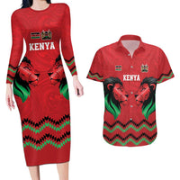 Kenya Cricket Custom Couples Matching Long Sleeve Bodycon Dress and Hawaiian Shirt Red Lion Head with Kenyan Pattern - Wonder Print Shop
