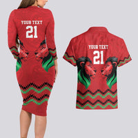 Kenya Cricket Custom Couples Matching Long Sleeve Bodycon Dress and Hawaiian Shirt Red Lion Head with Kenyan Pattern - Wonder Print Shop