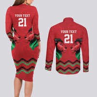 Kenya Cricket Custom Couples Matching Long Sleeve Bodycon Dress and Long Sleeve Button Shirt Red Lion Head with Kenyan Pattern - Wonder Print Shop