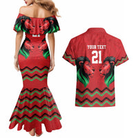 Kenya Cricket Custom Couples Matching Mermaid Dress and Hawaiian Shirt Red Lion Head with Kenyan Pattern - Wonder Print Shop