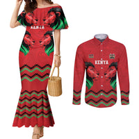Kenya Cricket Custom Couples Matching Mermaid Dress and Long Sleeve Button Shirt Red Lion Head with Kenyan Pattern - Wonder Print Shop
