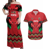 Kenya Cricket Custom Couples Matching Off Shoulder Maxi Dress and Hawaiian Shirt Red Lion Head with Kenyan Pattern - Wonder Print Shop