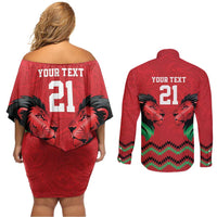 Kenya Cricket Custom Couples Matching Off Shoulder Short Dress and Long Sleeve Button Shirt Red Lion Head with Kenyan Pattern - Wonder Print Shop
