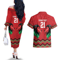 Kenya Cricket Custom Couples Matching Off The Shoulder Long Sleeve Dress and Hawaiian Shirt Red Lion Head with Kenyan Pattern - Wonder Print Shop