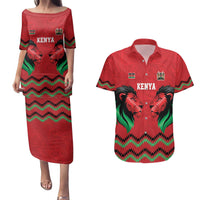Kenya Cricket Custom Couples Matching Puletasi and Hawaiian Shirt Red Lion Head with Kenyan Pattern - Wonder Print Shop