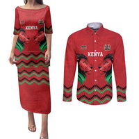 Kenya Cricket Custom Couples Matching Puletasi and Long Sleeve Button Shirt Red Lion Head with Kenyan Pattern - Wonder Print Shop
