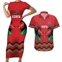 Kenya Cricket Custom Couples Matching Short Sleeve Bodycon Dress and Hawaiian Shirt Red Lion Head with Kenyan Pattern - Wonder Print Shop