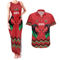 Kenya Cricket Custom Couples Matching Tank Maxi Dress and Hawaiian Shirt Red Lion Head with Kenyan Pattern - Wonder Print Shop