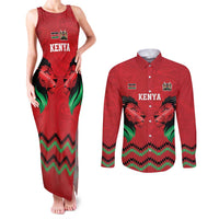 Kenya Cricket Custom Couples Matching Tank Maxi Dress and Long Sleeve Button Shirt Red Lion Head with Kenyan Pattern - Wonder Print Shop