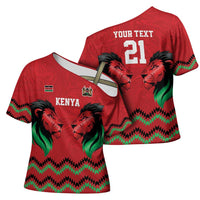 Kenya Cricket Custom Cross Shoulder Shirt Red Lion Head with Kenyan Pattern - Wonder Print Shop
