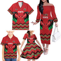 Kenya Cricket Custom Family Matching Off The Shoulder Long Sleeve Dress and Hawaiian Shirt Red Lion Head with Kenyan Pattern - Wonder Print Shop