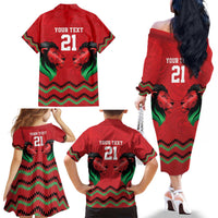 Kenya Cricket Custom Family Matching Off The Shoulder Long Sleeve Dress and Hawaiian Shirt Red Lion Head with Kenyan Pattern - Wonder Print Shop