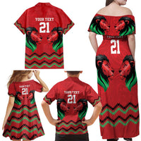 Kenya Cricket Custom Family Matching Off Shoulder Maxi Dress and Hawaiian Shirt Red Lion Head with Kenyan Pattern - Wonder Print Shop