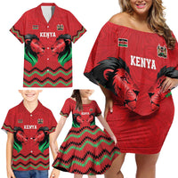 Kenya Cricket Custom Family Matching Off Shoulder Short Dress and Hawaiian Shirt Red Lion Head with Kenyan Pattern - Wonder Print Shop