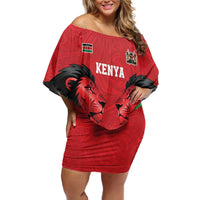 Kenya Cricket Custom Family Matching Off Shoulder Short Dress and Hawaiian Shirt Red Lion Head with Kenyan Pattern - Wonder Print Shop