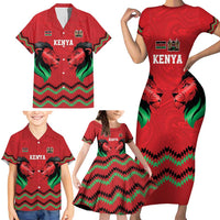 Kenya Cricket Custom Family Matching Short Sleeve Bodycon Dress and Hawaiian Shirt Red Lion Head with Kenyan Pattern - Wonder Print Shop