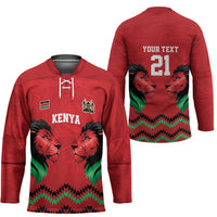 Kenya Cricket Custom Hockey Jersey Red Lion Head with Kenyan Pattern - Wonder Print Shop