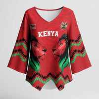Kenya Cricket Custom Kimono Sleeve Blouse Red Lion Head with Kenyan Pattern - Wonder Print Shop