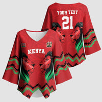 Kenya Cricket Custom Kimono Sleeve Blouse Red Lion Head with Kenyan Pattern - Wonder Print Shop