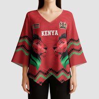 Kenya Cricket Custom Kimono Sleeve Blouse Red Lion Head with Kenyan Pattern - Wonder Print Shop