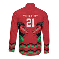 Kenya Cricket Custom Long Sleeve Button Shirt Red Lion Head with Kenyan Pattern - Wonder Print Shop