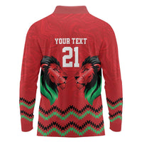 Kenya Cricket Custom Long Sleeve Polo Shirt Red Lion Head with Kenyan Pattern - Wonder Print Shop