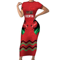 Kenya Cricket Custom Short Sleeve Bodycon Dress Red Lion Head with Kenyan Pattern - Wonder Print Shop
