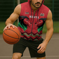 Kenya Cricket Custom Sleeveless Zip Hoodie Red Lion Head with Kenyan Pattern - Wonder Print Shop