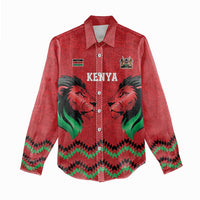Kenya Cricket Custom Women Casual Shirt Red Lion Head with Kenyan Pattern - Wonder Print Shop