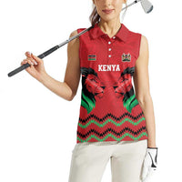 Kenya Cricket Custom Women Sleeveless Polo Shirt Red Lion Head with Kenyan Pattern - Wonder Print Shop