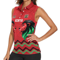 Kenya Cricket Custom Women Sleeveless Polo Shirt Red Lion Head with Kenyan Pattern - Wonder Print Shop