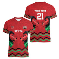 Kenya Cricket Custom Women V-Neck T-Shirt Red Lion Head with Kenyan Pattern - Wonder Print Shop