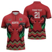 Kenya Cricket Custom Zipper Polo Shirt Red Lion Head with Kenyan Pattern - Wonder Print Shop