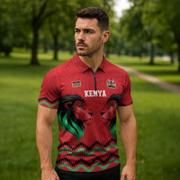 Kenya Cricket Custom Zipper Polo Shirt Red Lion Head with Kenyan Pattern - Wonder Print Shop