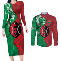 Personalized Kenya Maasai Shield Couples Matching Long Sleeve Bodycon Dress and Long Sleeve Button Shirt Green Red Kenyan Lion Half Style - Wonder Print Shop