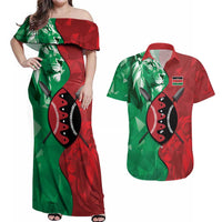 Personalized Kenya Maasai Shield Couples Matching Off Shoulder Maxi Dress and Hawaiian Shirt Green Red Kenyan Lion Half Style - Wonder Print Shop