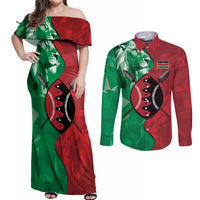 Personalized Kenya Maasai Shield Couples Matching Off Shoulder Maxi Dress and Long Sleeve Button Shirt Green Red Kenyan Lion Half Style - Wonder Print Shop