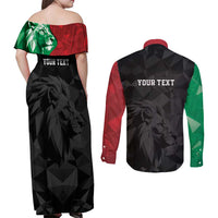 Personalized Kenya Maasai Shield Couples Matching Off Shoulder Maxi Dress and Long Sleeve Button Shirt Green Red Kenyan Lion Half Style - Wonder Print Shop