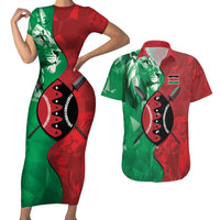 Personalized Kenya Maasai Shield Couples Matching Short Sleeve Bodycon Dress and Hawaiian Shirt Green Red Kenyan Lion Half Style - Wonder Print Shop