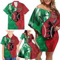 Personalized Kenya Maasai Shield Family Matching Off Shoulder Short Dress and Hawaiian Shirt Green Red Kenyan Lion Half Style - Wonder Print Shop