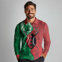 Personalized Kenya Maasai Shield Long Sleeve Polo Shirt Green Red Kenyan Lion Half Style - Wonder Print Shop